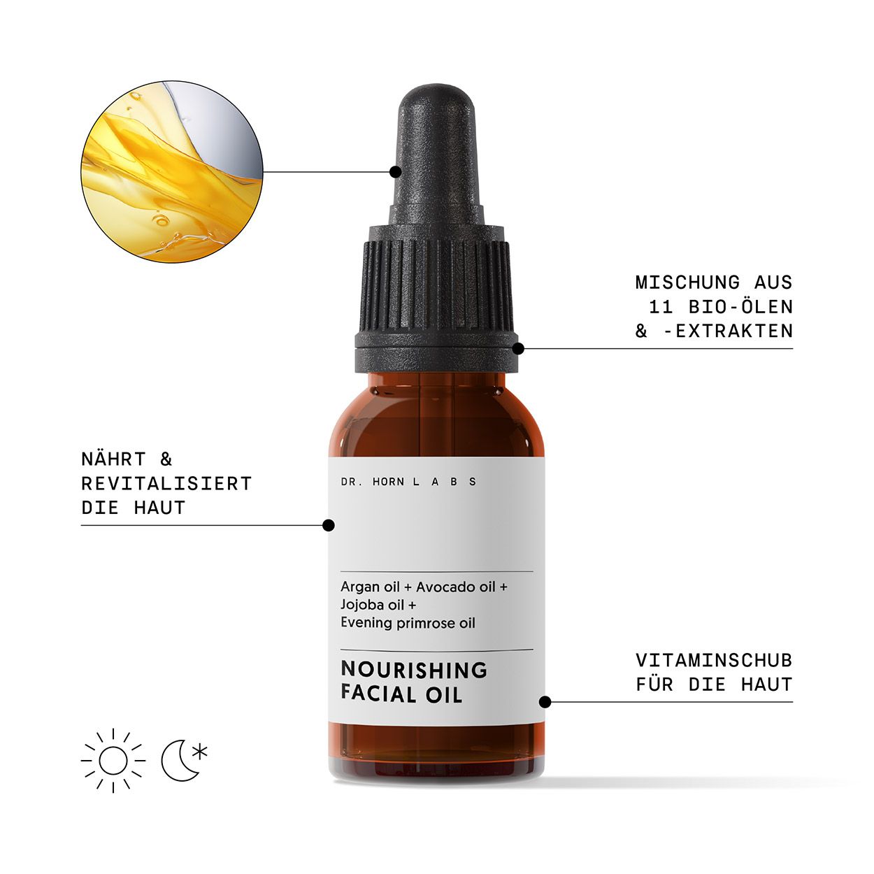 Braune Glasflasche mit schwarzem Tropfer. Etikett mit Produktname und Inhaltsstoffen. Text: DR. HORN LABS - Nourishing Facial Oil.