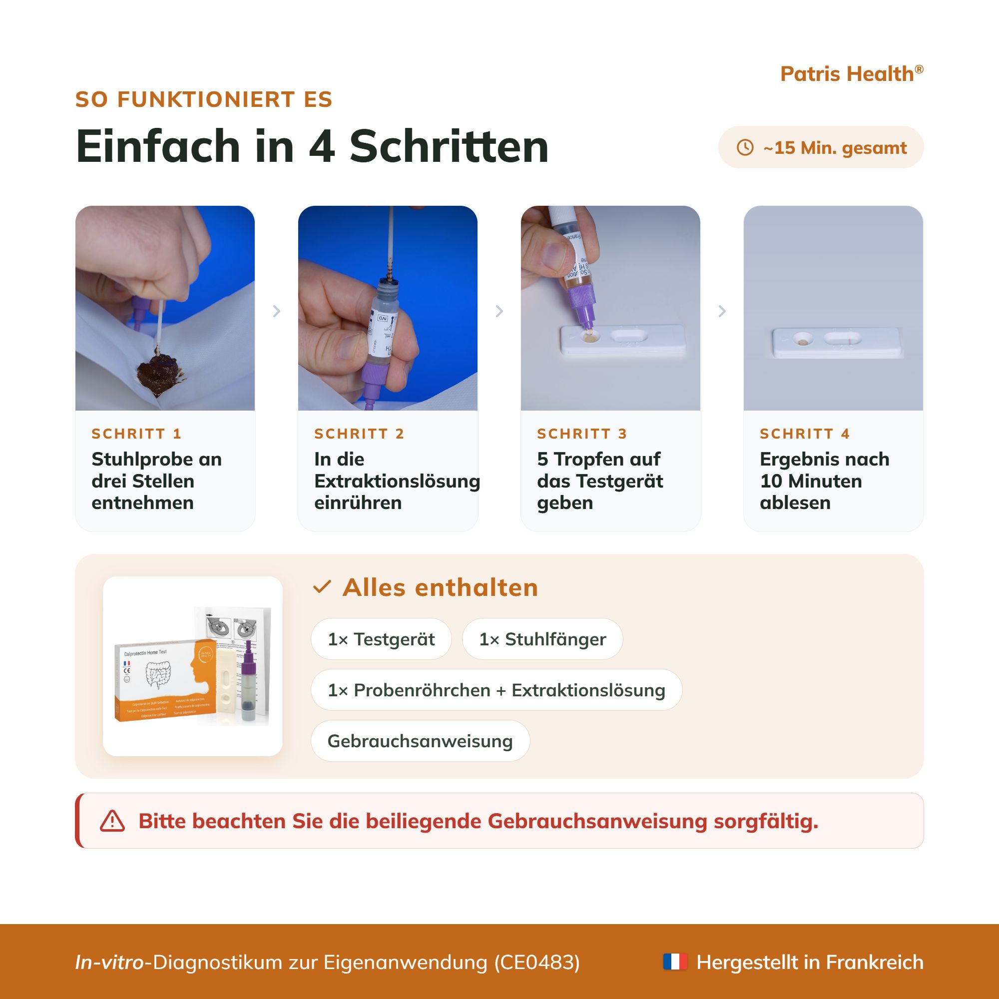 Verpackung des Calprotectin-Tests mit Informationen zur Herstellung und Qualität.