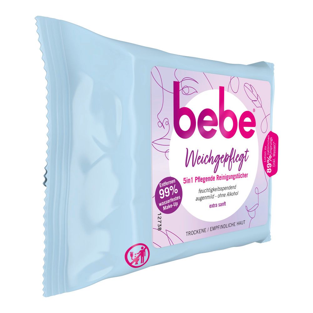 Hellblaue Verpackung mit "bebe Weichgepflegt" und Produktinformationen. Reinigungstücher für trockene/empfindliche Haut, schräg.