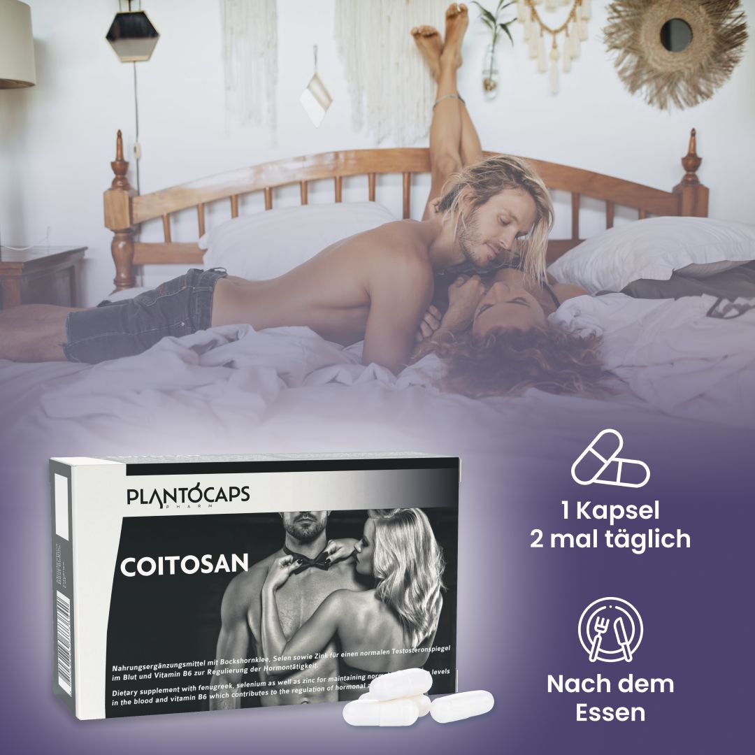 PlantoCAPS COITOSAN-Schachtel und Kapseln. Text: 1 Kapsel 2 mal täglich, nach dem Essen. Paar im Bett.