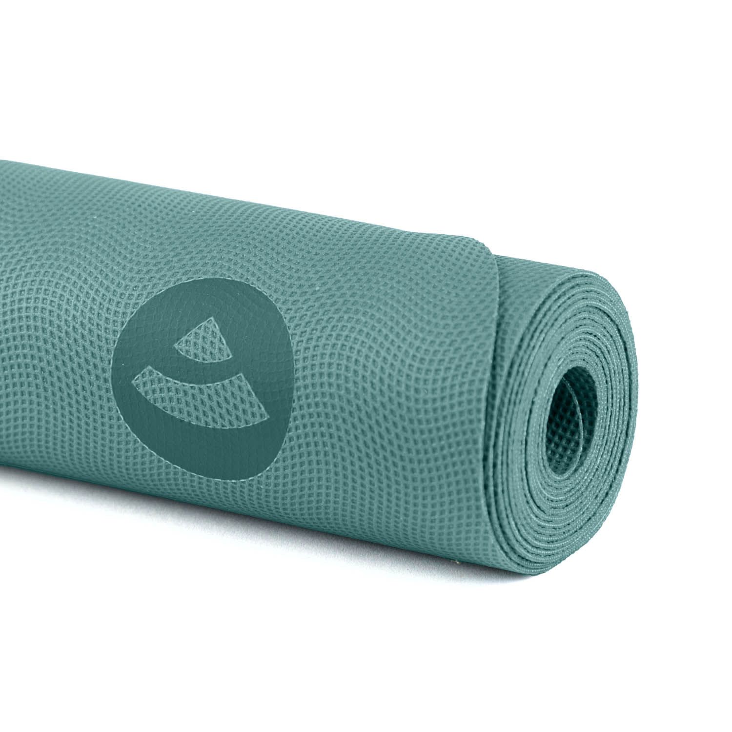 Gerollte türkisfarbene Yogamatte. Logo sichtbar. Naturkautschuk. Für Yoga und Fitness.