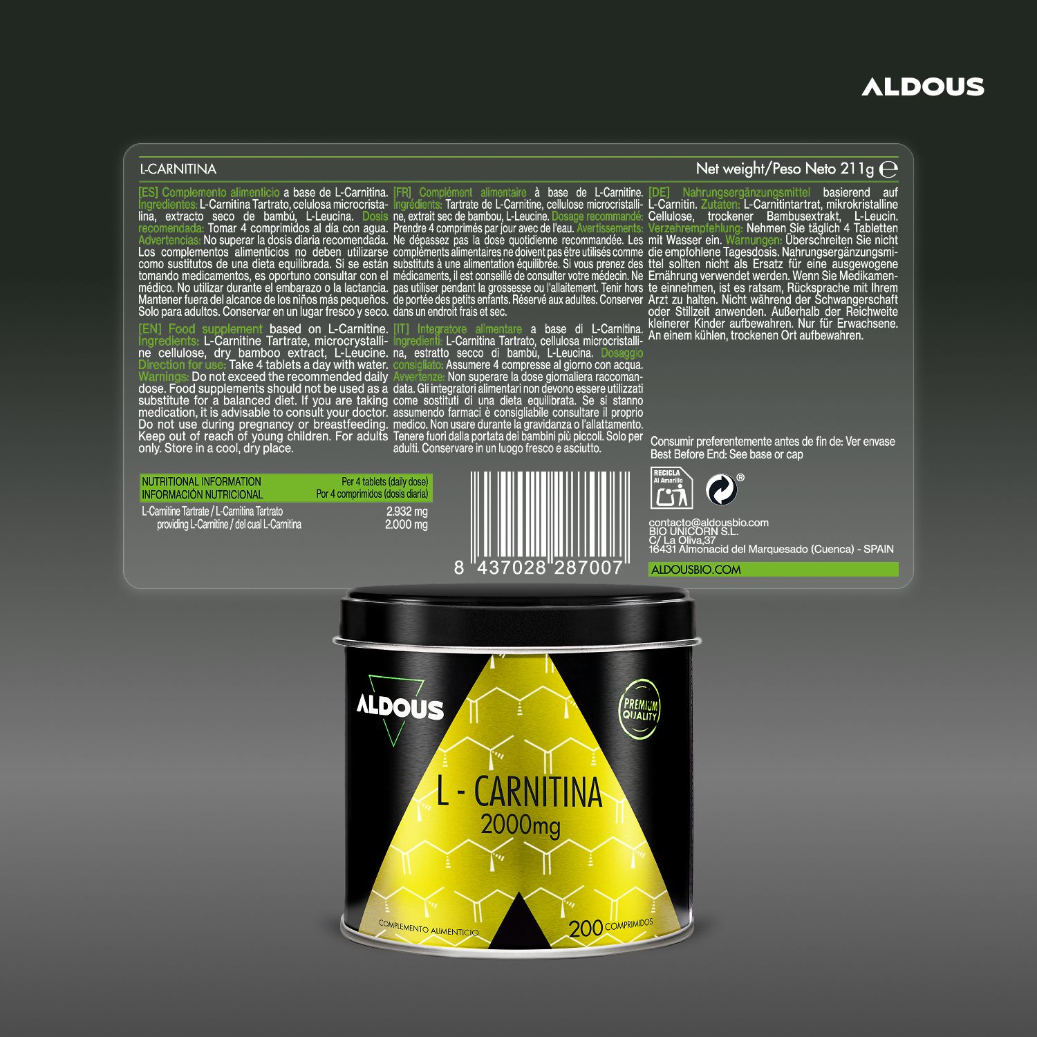 Aldous L-Carnitina Dose mit Nährwertangaben. 2000mg L-Carnitin, 200 Tabletten. Hergestellt in Europa.
