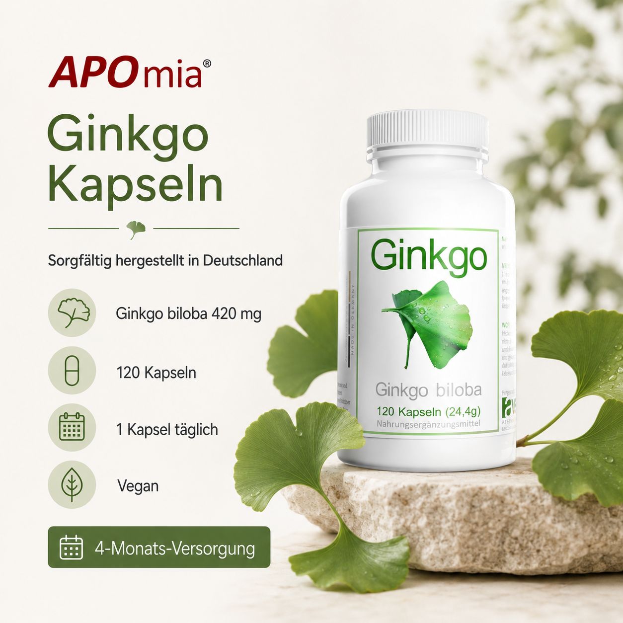 Flasche Ginkgo Kapseln auf einem Steinpodest, mit Ginkgoblättern und Informationen zum Produkt.