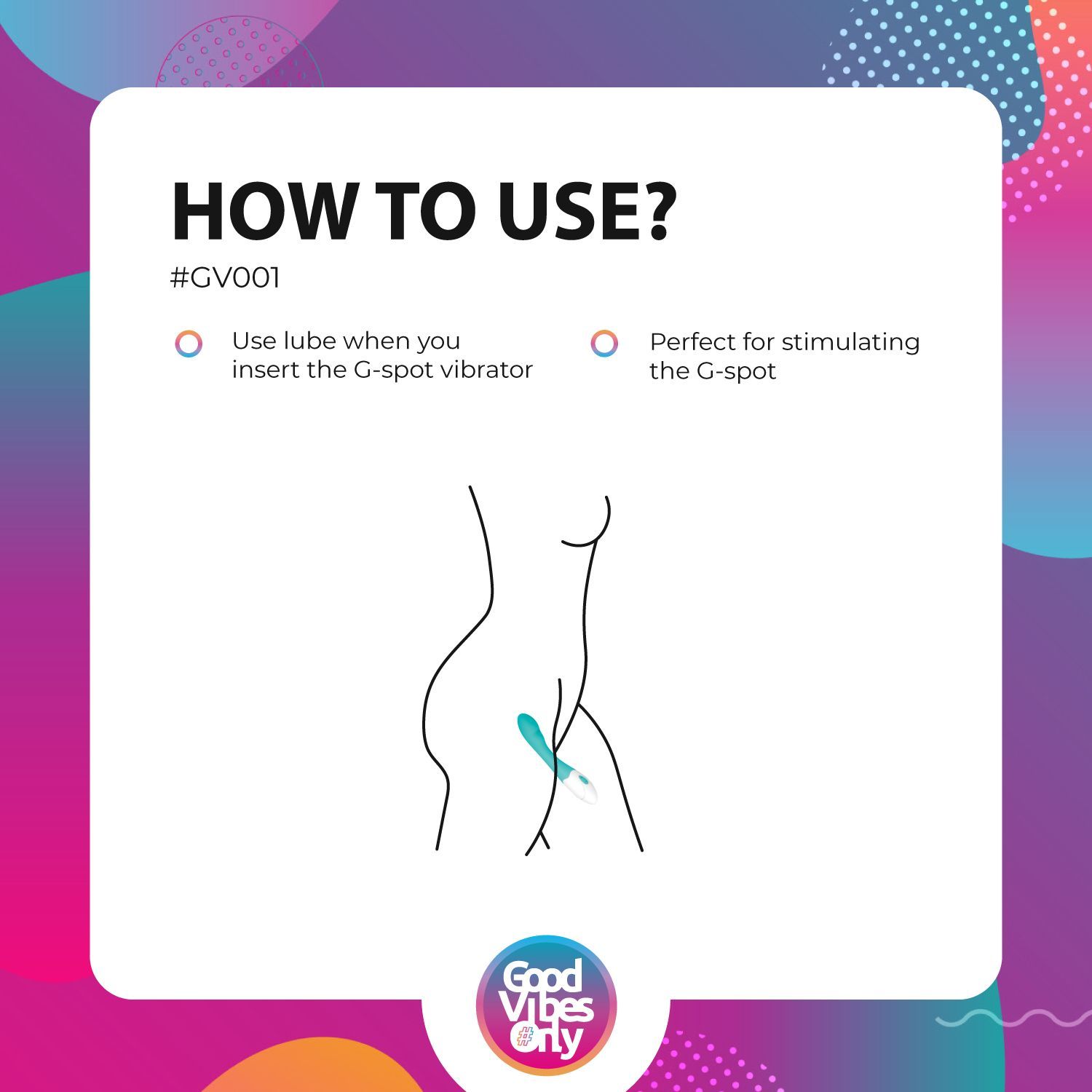 Grafische Darstellung der Anwendung des Vibrators. Text: "HOW TO USE?" und "Use lube..." und "Perfect for..."