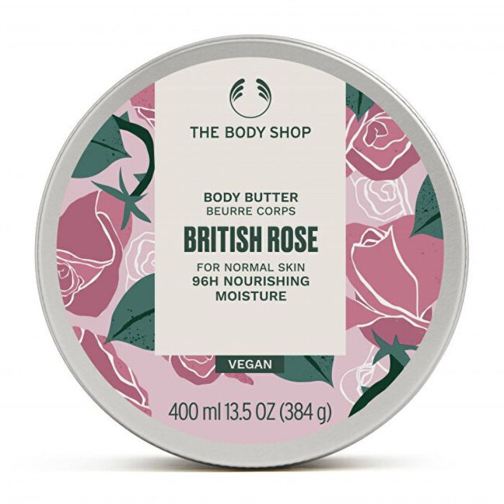 Runde Dose mit floralem Muster und Produktinformationen. Aufschrift: British Rose Body Butter, vegan, 400 ml.