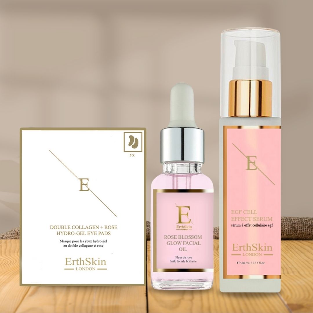 ErthSkin London EGF SERUM + Rose Blossom Glow Gesichtsöl + Double Collagen Eye Pads set