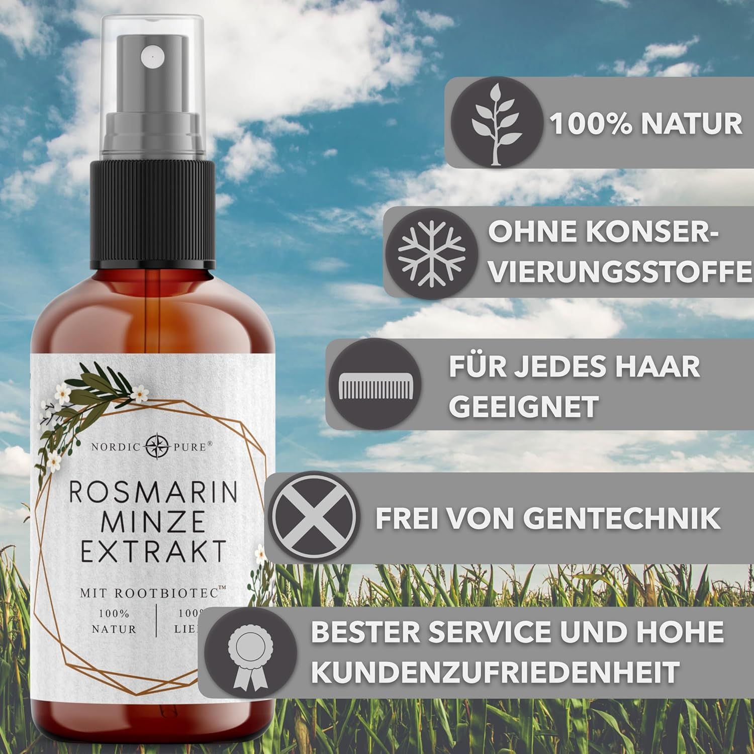Produktflasche mit Texten: 100% Natur, ohne Konservierungsstoffe, für jedes Haar geeignet, frei von Gentechnik. Hintergrund: Feld.