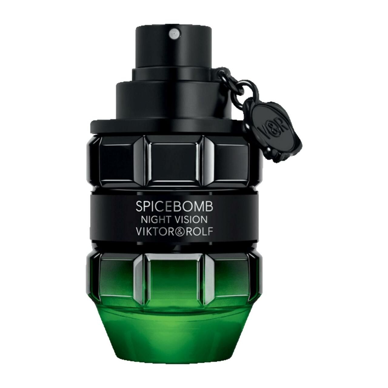 Grüne und schwarze Flasche. Aufschrift: Spicebomb Night Vision Viktor & Rolf. Mit Kette.