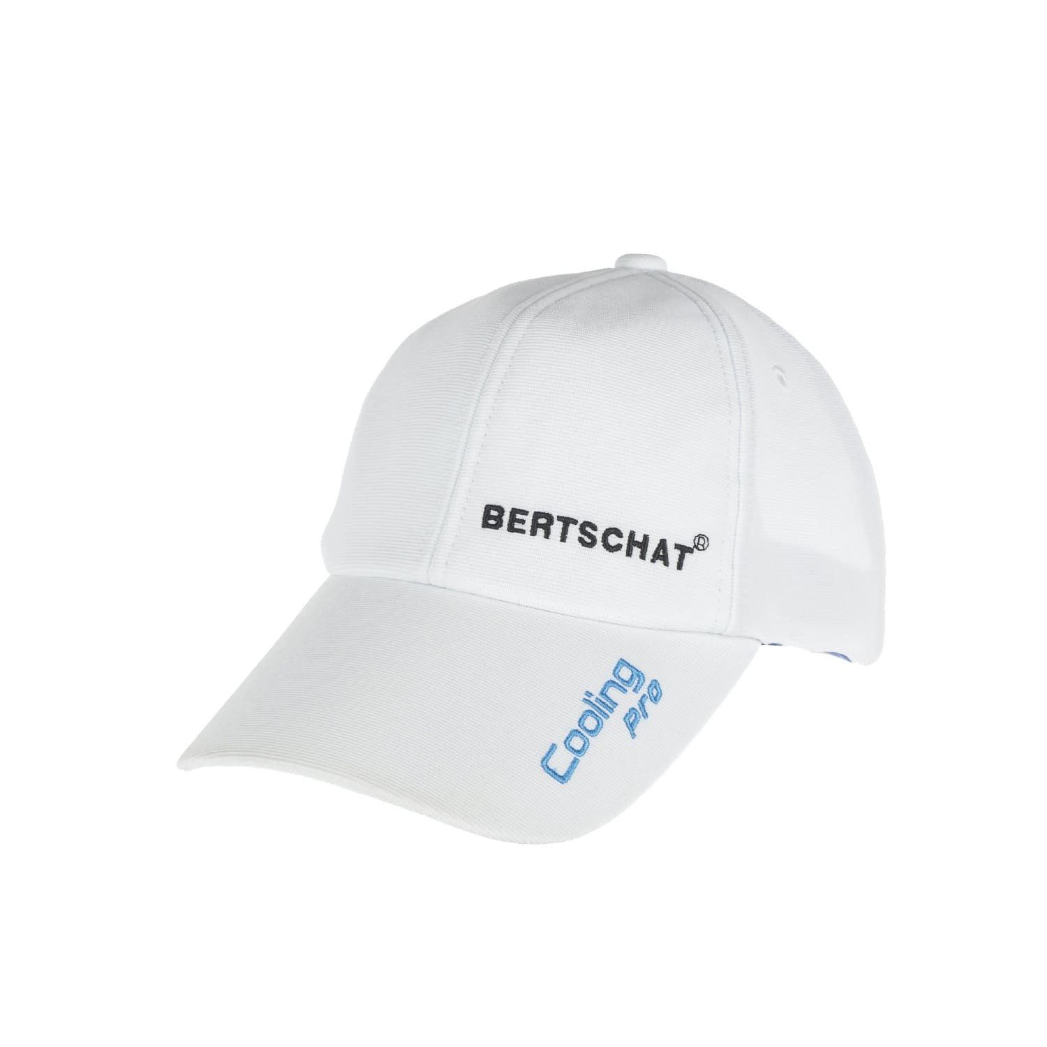 Weiße Kappe mit gebogenem Schirm. Auf der Vorderseite steht "BERTSCHAT" in Schwarz und "Cooling Pro" in Blau.