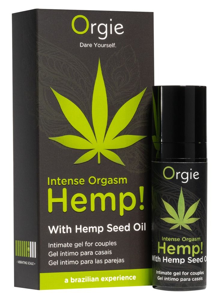 Schwarze Flasche und Verpackung mit grünem Hanfblatt und Text: Intense Orgasm Hemp! Intimes Gel für Paare. Marke: Orgie.