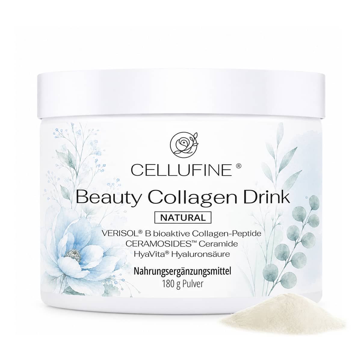 Dose Cellufine Beauty Collagen Drink mit floralem Design. 180g Pulver. Informationen zu Inhaltsstoffen und Nährwerten.