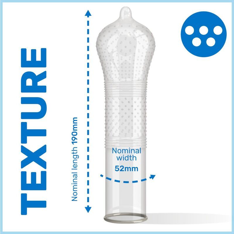 Transparentes Kondom mit Textur. L: 190mm, B: 52mm. Abbildung der Textur mit Punkten und Rillen.