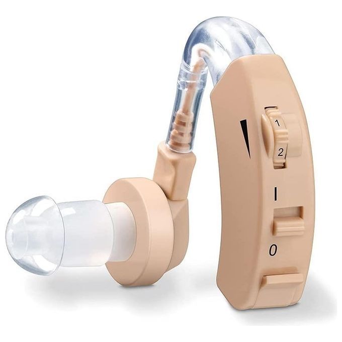 Apparecchio acustico beige con tubo trasparente e auricolare. Rotella con numeri 0, 1, 2. Dispositivo per l'orecchio.