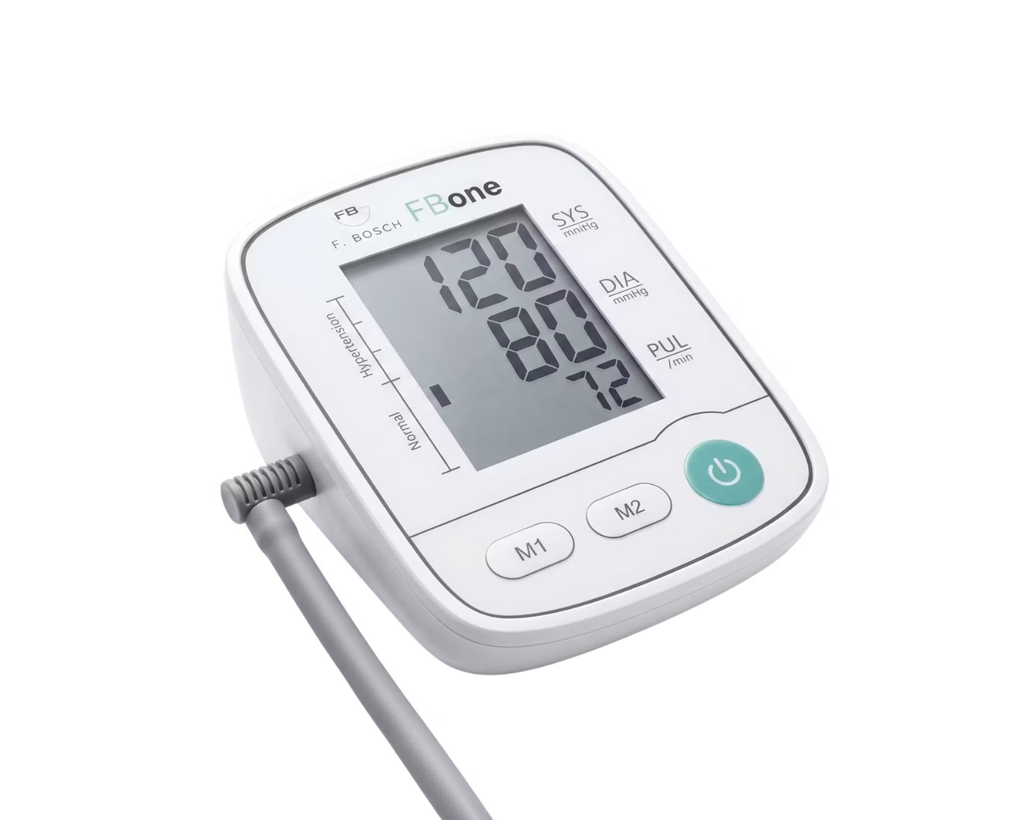 FBone Oberarm-Blutdruckmessgerät. Weißes Gerät mit digitalem Display, das 120/80 mmHg und 72 Schläge/Minute anzeigt.
