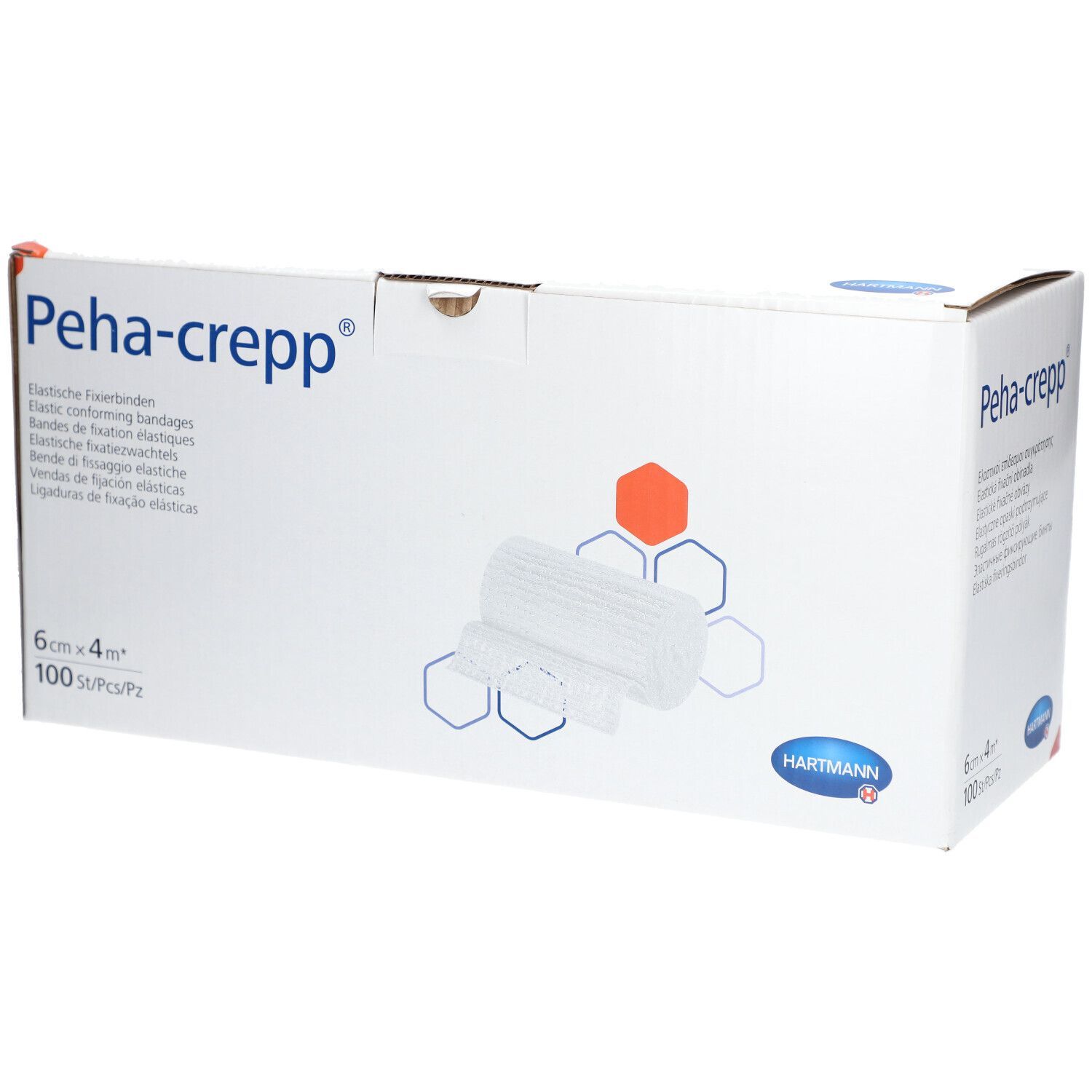 Karton mit Peha-crepp® Fixierbinden. Aufdruck: 6cm x 4m, 100 St/Pcs/Pz. Logo Hartmann.