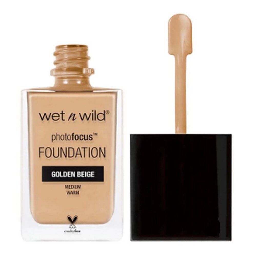 Wet n Wild Photofocus Foundation. Golden Beige. Flasche mit geöffnetem Deckel und Applikator. Cruelty-free Logo.