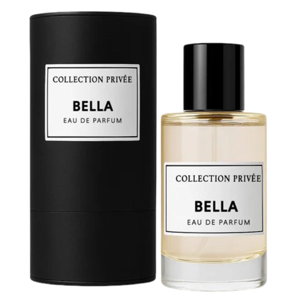Parfümflakon und Verpackung. Schwarze zylindrische Verpackung und rechteckiger Flakon mit schwarzem Verschluss. Aufschrift: Collection Privée Bella Eau de Parfum.