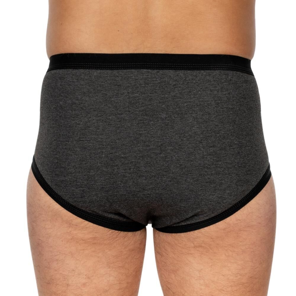 Grauer Herren-Slip mit schwarzem Bund und Beinabschluss. Rückansicht, getragen von einer Person.