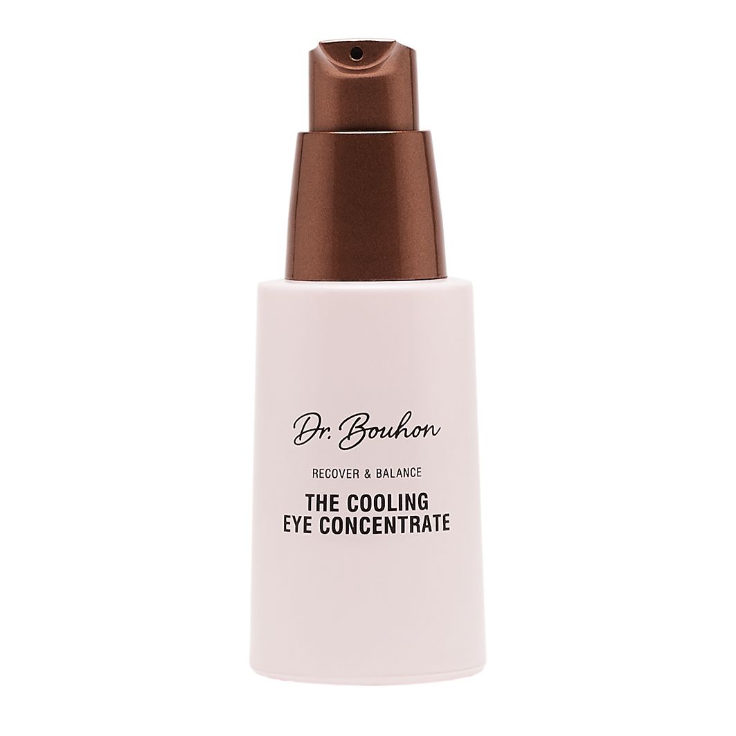 Augenpflege-Konzentrat mit braunem Pumpkopf. Aufschrift: Dr. Bouhon, The Cooling Eye Concentrate.