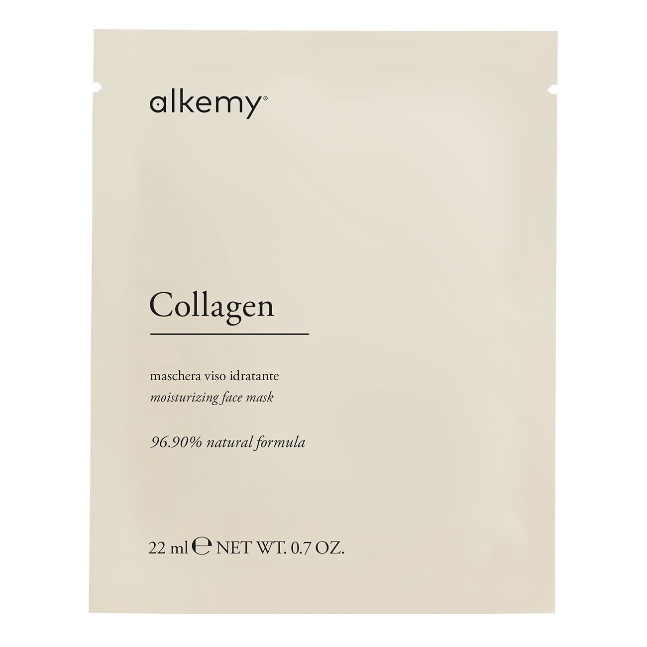 Vorderseite einer Alkemy Gesichtsmaskenverpackung mit der Aufschrift 'Collagen' und '96.90% natural formula'.