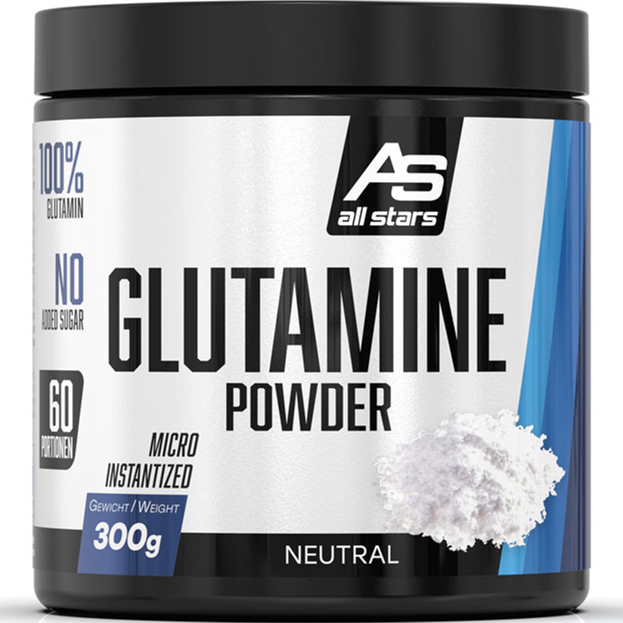 Schwarze Dose mit weißem Pulver. Aufschrift: Glutamine Powder, 100% Glutamin, 60 Portionen, 300g, neutral.