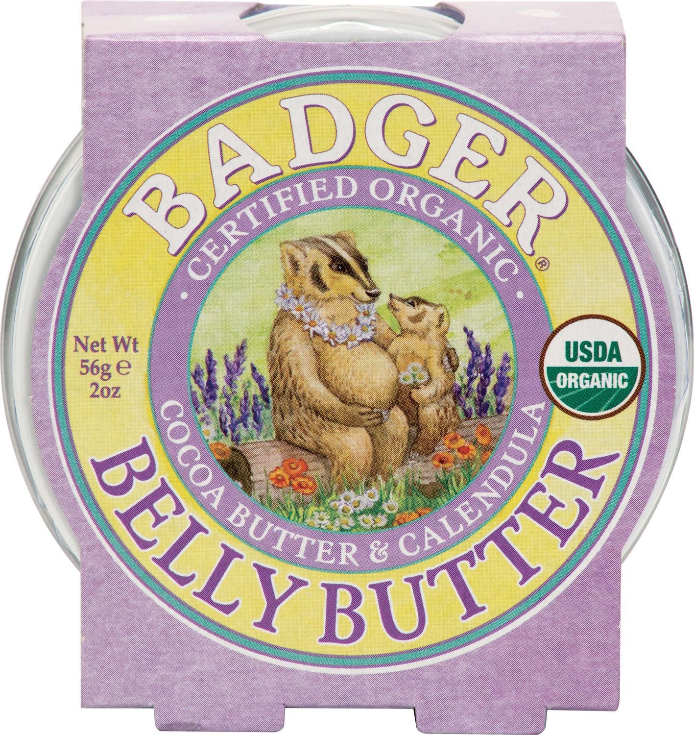Runde Dose mit lila Verpackung. Aufschrift: BADGER BELLY BUTTER, USDA Organic. Abbildung: Dachs mit Jungtier.