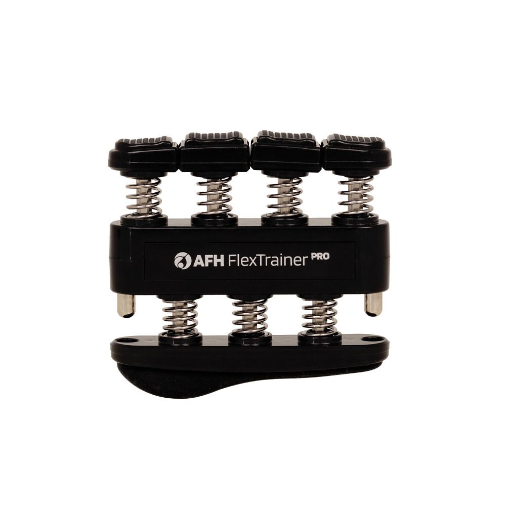 Schwarzer Fingertrainer mit Federn und Griff. Logo: AFH FlexTrainer Pro.