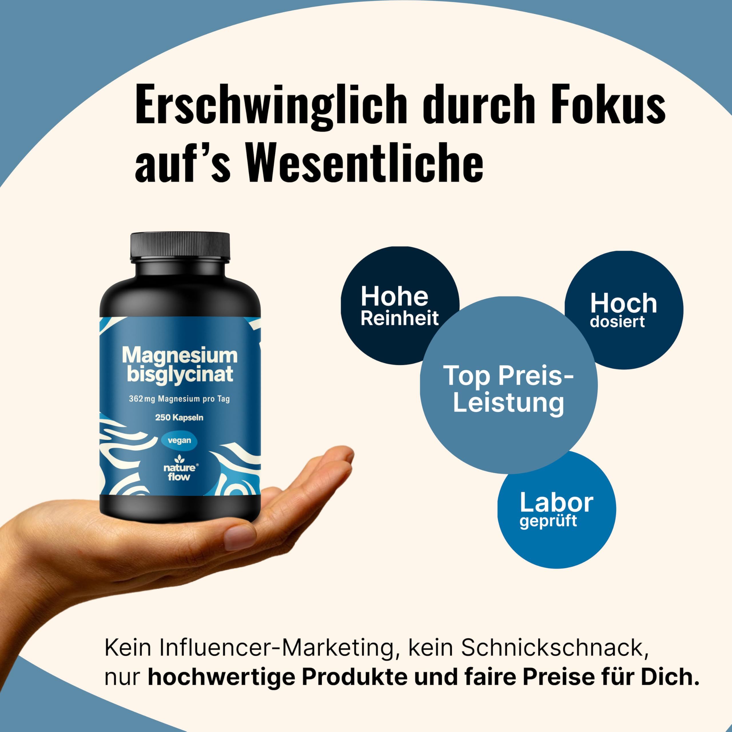 Magnesium Bisglycinat Hochdosiert - 250 Kapseln - Nature Flow