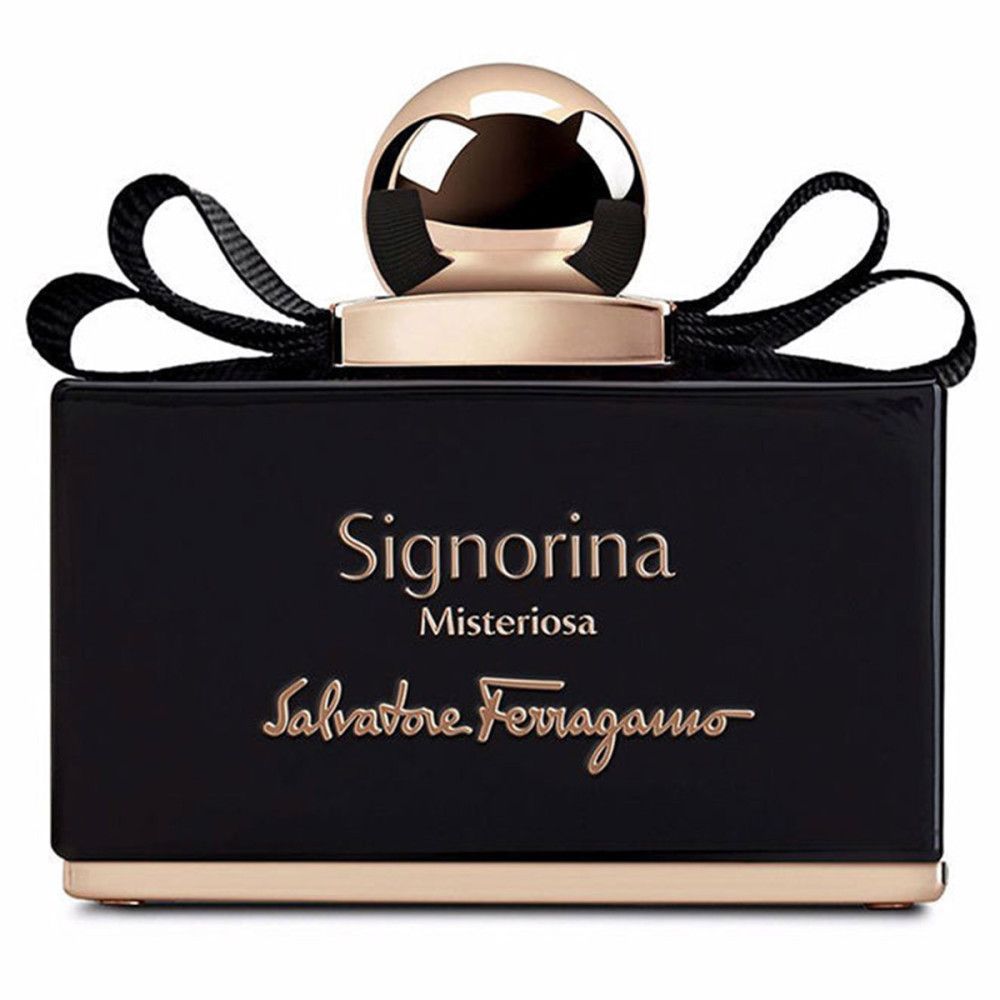 Schwarzer Flakon mit goldfarbenem Verschluss und Schleife. Aufschrift: Signorina Misteriosa, Salvatore Ferragamo.