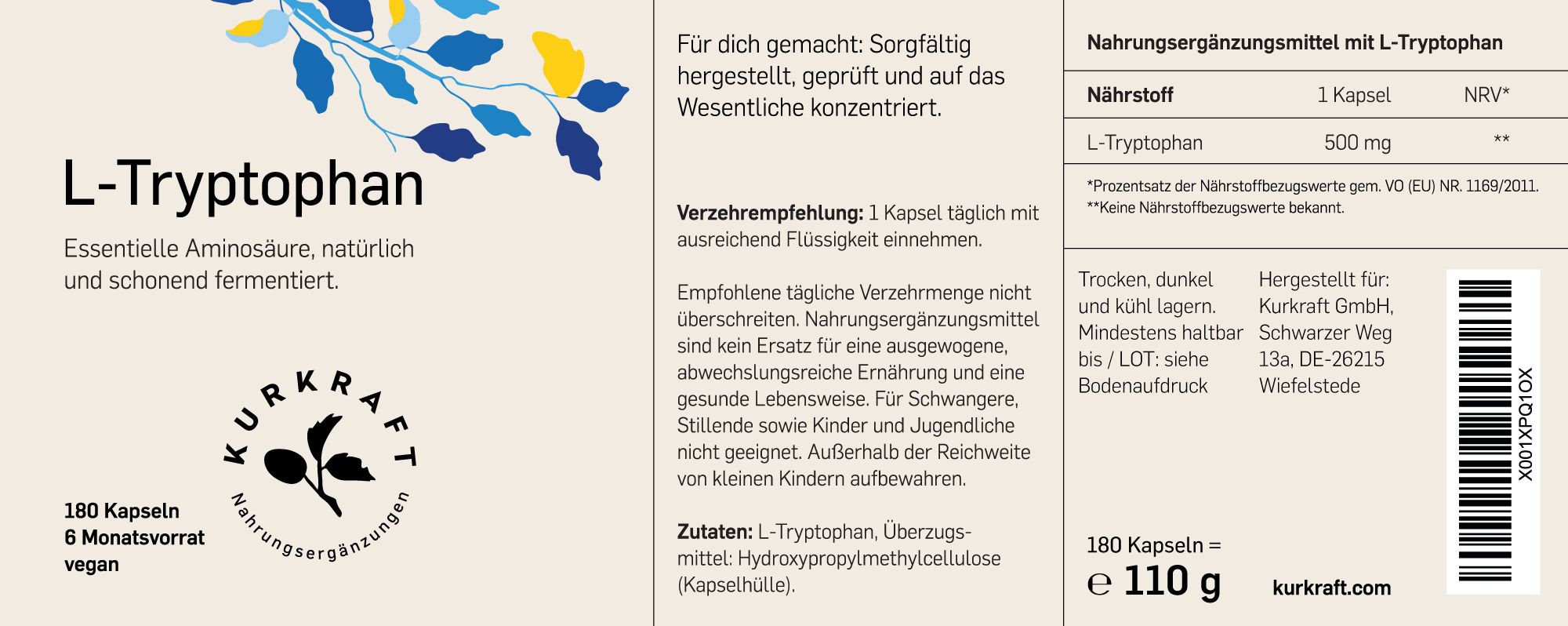 Etikett einer L-Tryptophan-Flasche. Enthält Informationen zu Inhaltsstoffen, Dosierung und Hersteller. Logo Kurkraft.