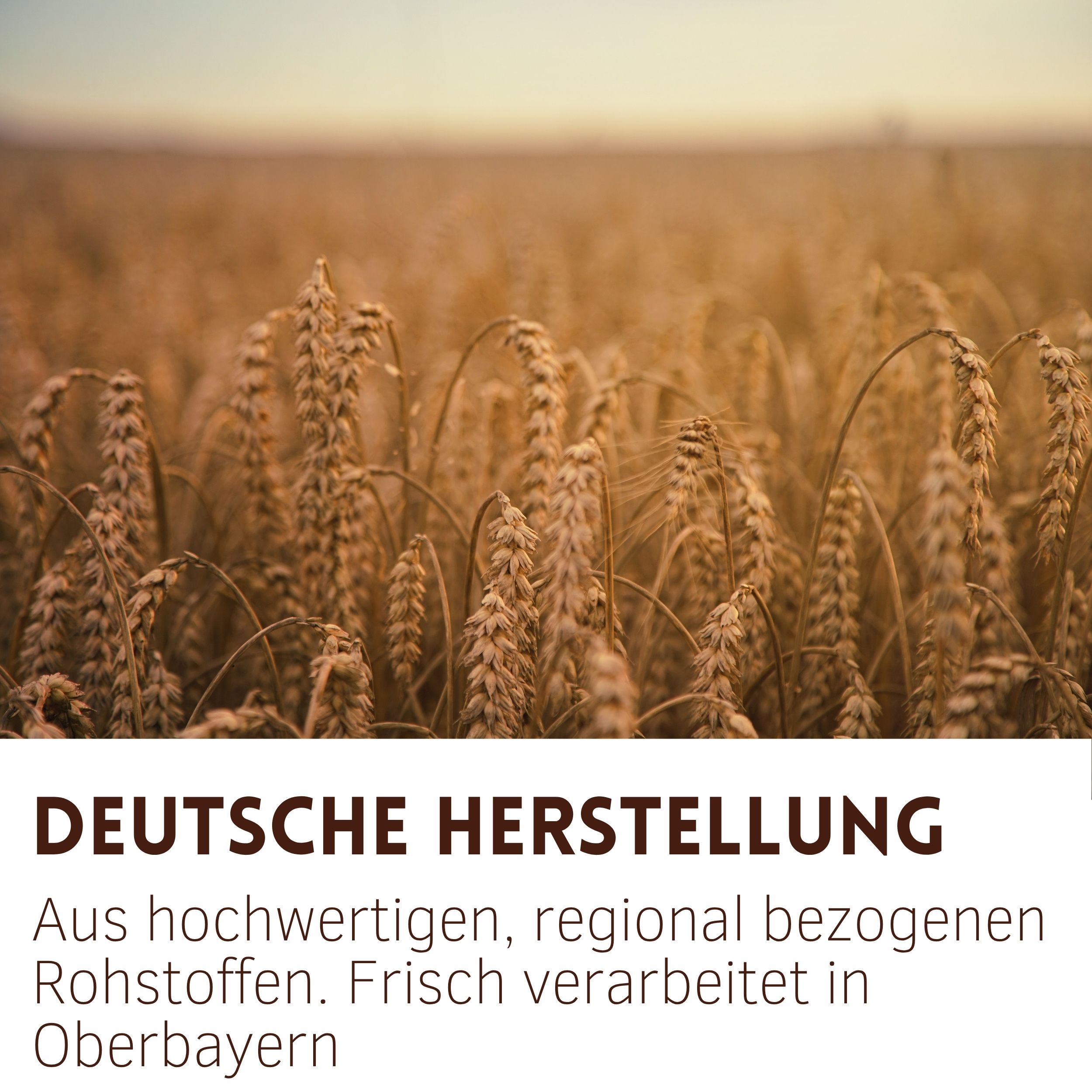 Ährenfeld. Text: Deutsche Herstellung. Aus hochwertigen, regional bezogenen Rohstoffen. Frisch verarbeitet in Oberbayern.