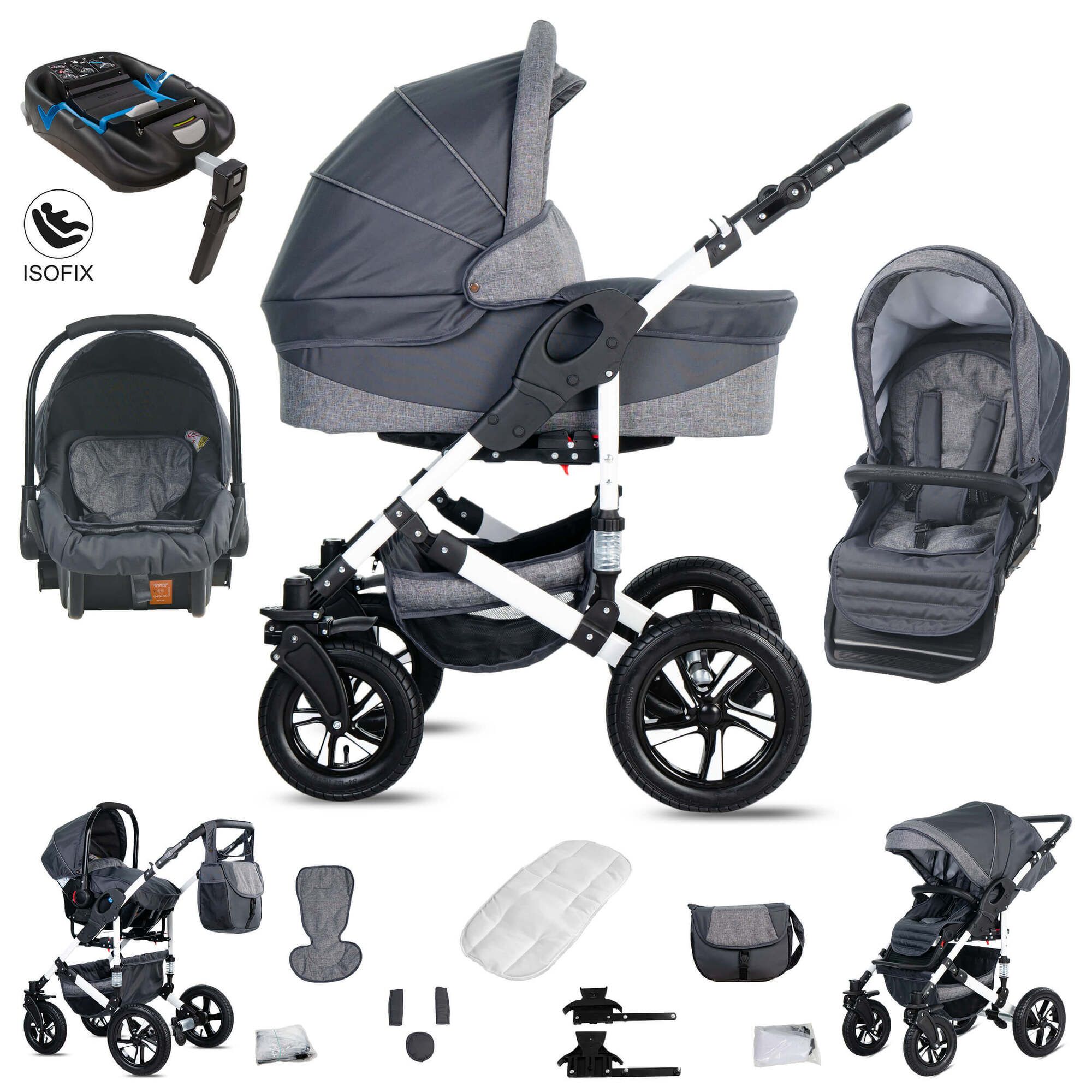 Friedrich Hugo Hamburg 4 in 1 Kinderwagen & ISOFIX Hartgummireifen, Grey & Grey Linen