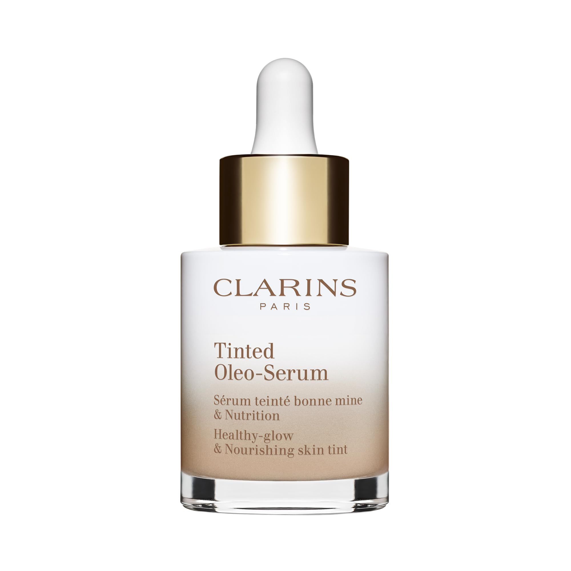Clarins Tinted Oleo-Serum Flasche. Weißes Glas, goldener Deckel, Pipette. Text: Clarins Paris, Tinted Oleo-Serum, Healthy-glow & Nourishing skin tint.