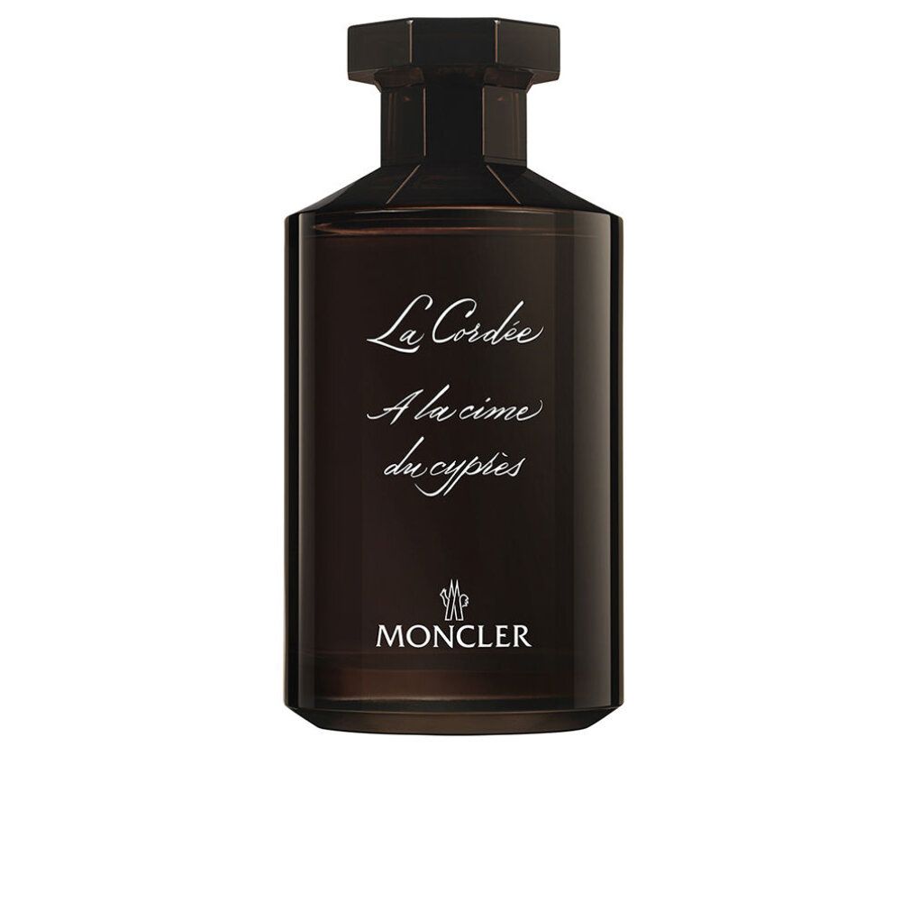 Dunkelbraune Flasche. Aufschrift: La Cordée, A la cime des cypres, MONCLER. Schwarzer Verschluss.