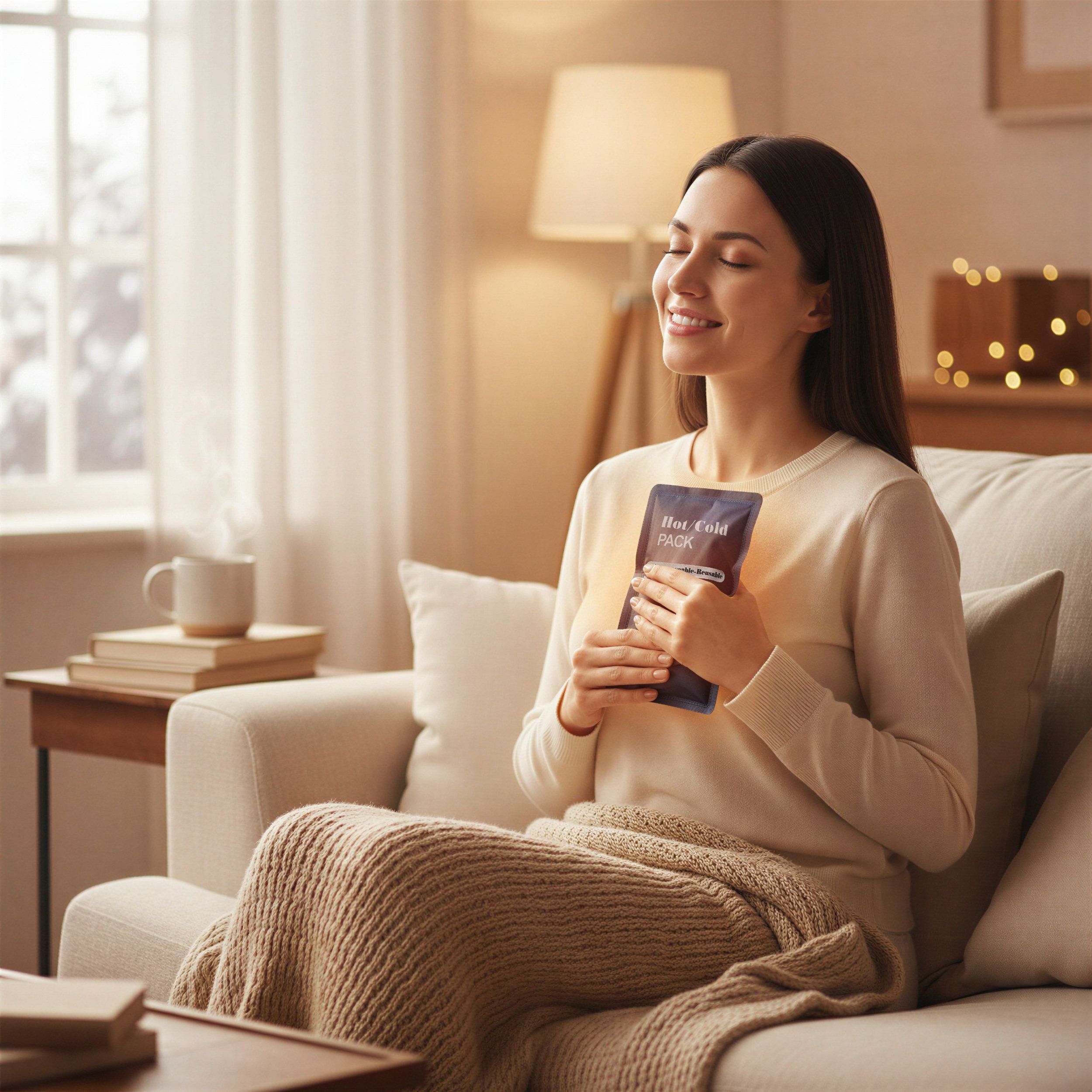 Frau hält blaues Hot/Cold Pack vor der Brust. Text "Hot/Cold Pack". Hintergrund: Sofa, Decke, Kaffeetasse.