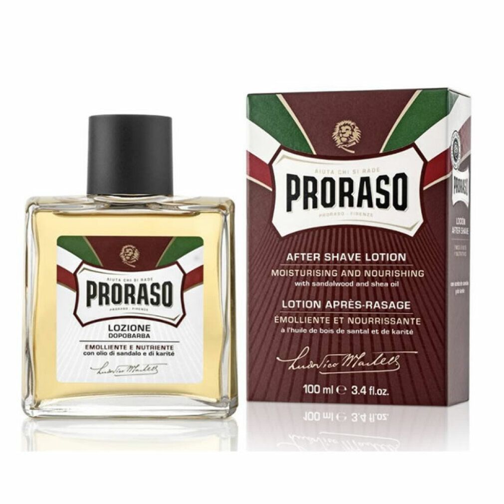 Proraso Sandelholz After Shave Lotion in Glasflasche, Seitenansicht.