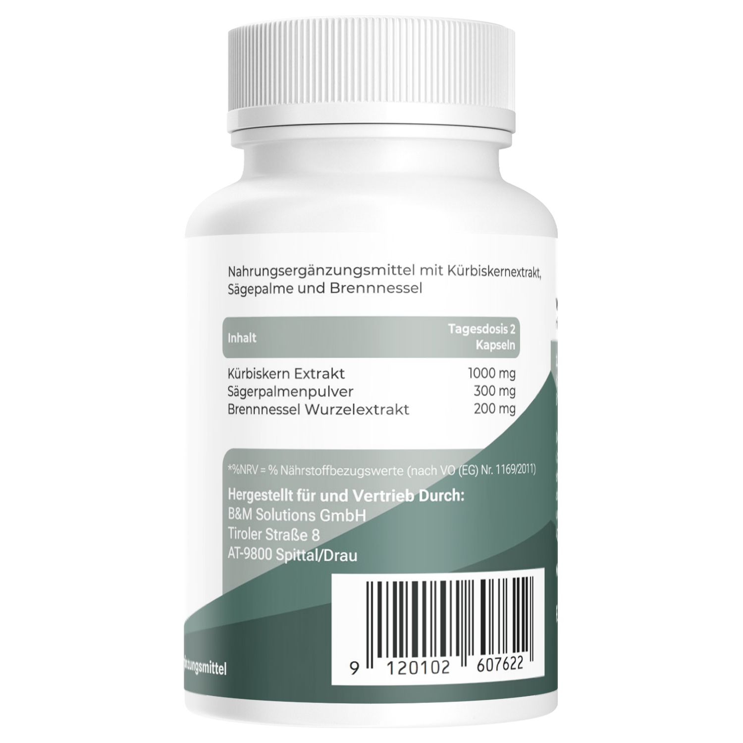 Rückseite der Kapsel-Dose. Text: Inhaltsstoffe, Tagesdosis, Herstellerinformationen, Barcode. Nahrungsergänzungsmittel.