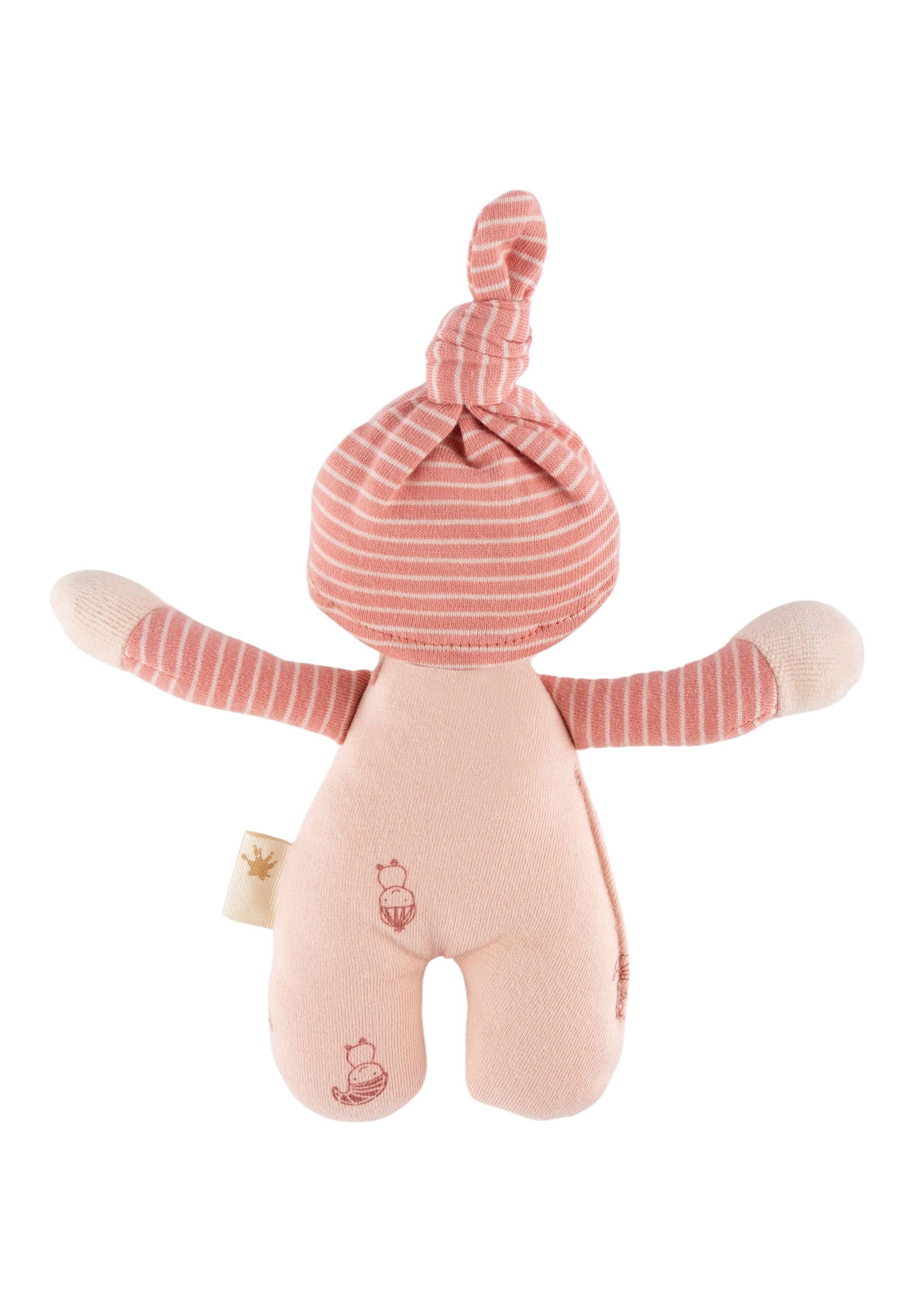 Rosa Stoffpuppe mit gestreifter Mütze und Armen. Aufgesticktes Gesicht, kleine Illustrationen. Etikett mit Logo.