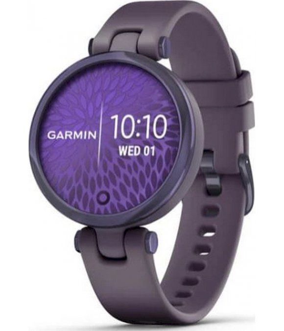 Garmin Lily Sport. Runde Smartwatch in Purpurviolett. Zifferblatt mit Uhrzeit und Datum. Armband aus Gummi.