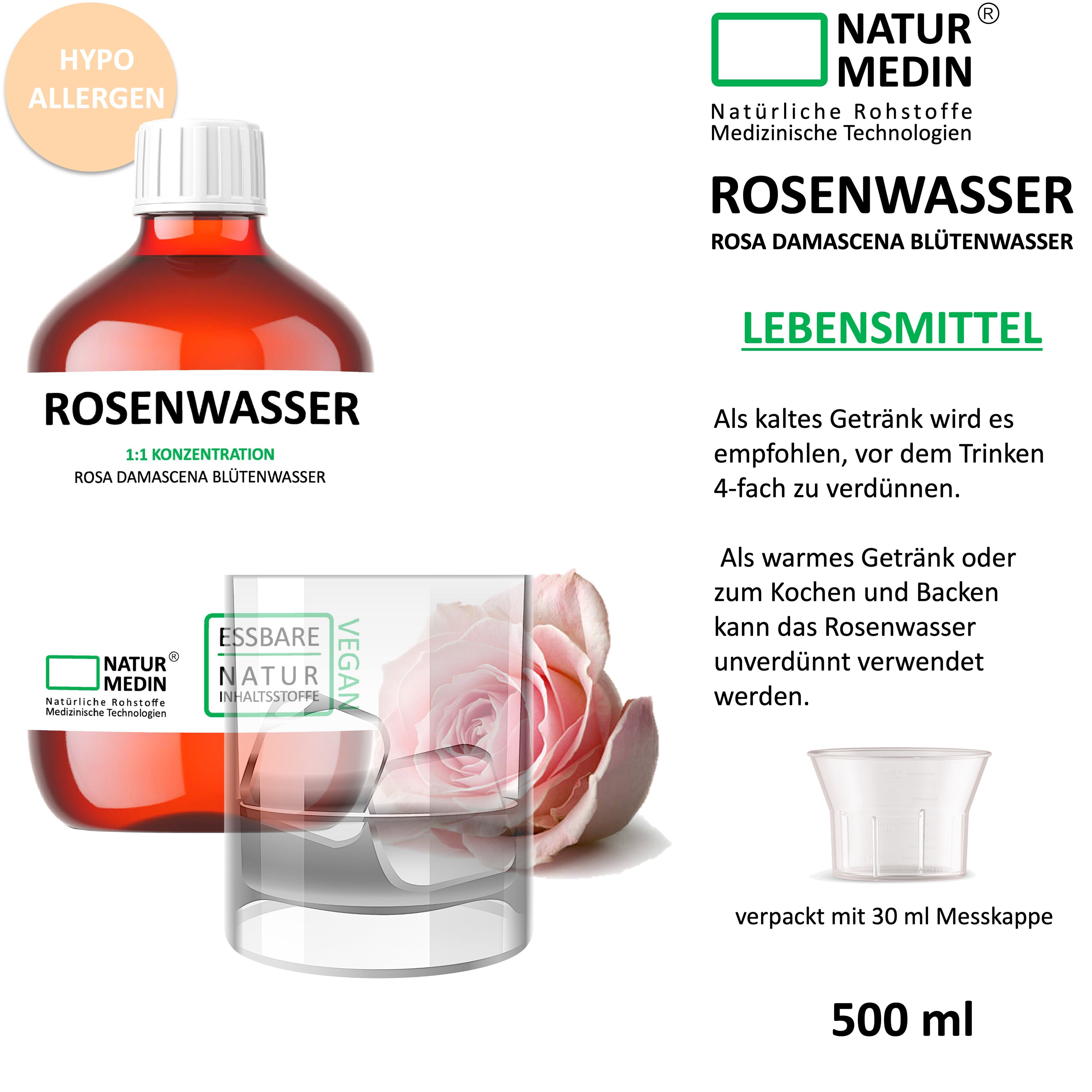 Flasche ROSENWASSER, 500 ml, neben Glas, Rose und Messbecher. Aufschrift: ROSENWASSER, ROSA DAMASCENA BLÜTENWASSER, LEBENSMITTEL. Logos: NATUR MEDIN, ESSBARE NATUR INHALTSSTOFFE, VEGAN.