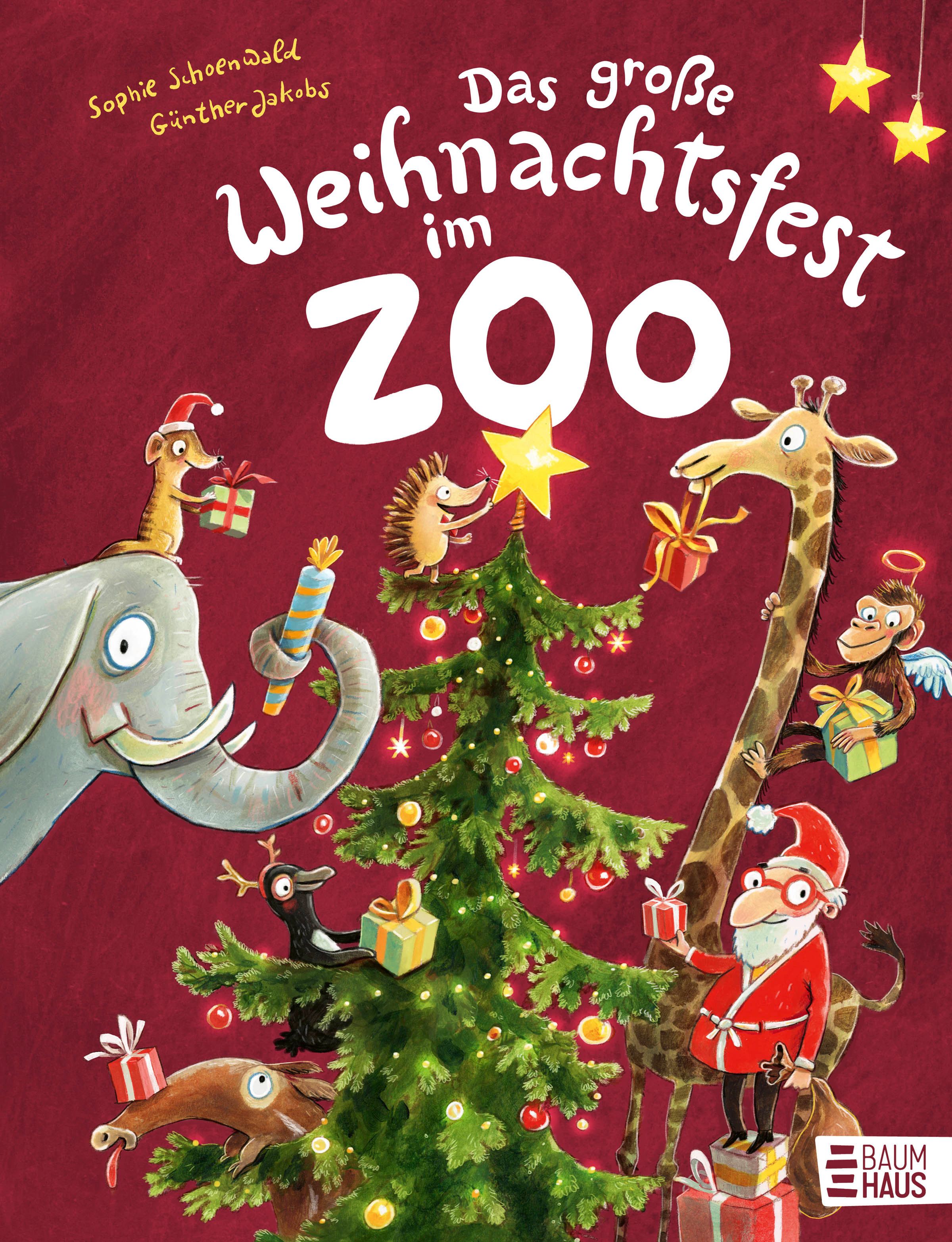 Buchcover: Titel "Das große Weihnachtsfest im Zoo". Illustration von Tieren am Weihnachtsbaum. Autoren: Sophie Schoenwald, Günther Jakobs.