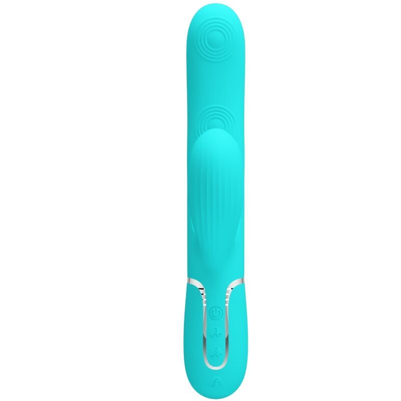 Türkisfarbener Vibrator mit geriffelter Oberfläche und Bedienknöpfen. Zylindrische Form mit erhabenen Elementen.