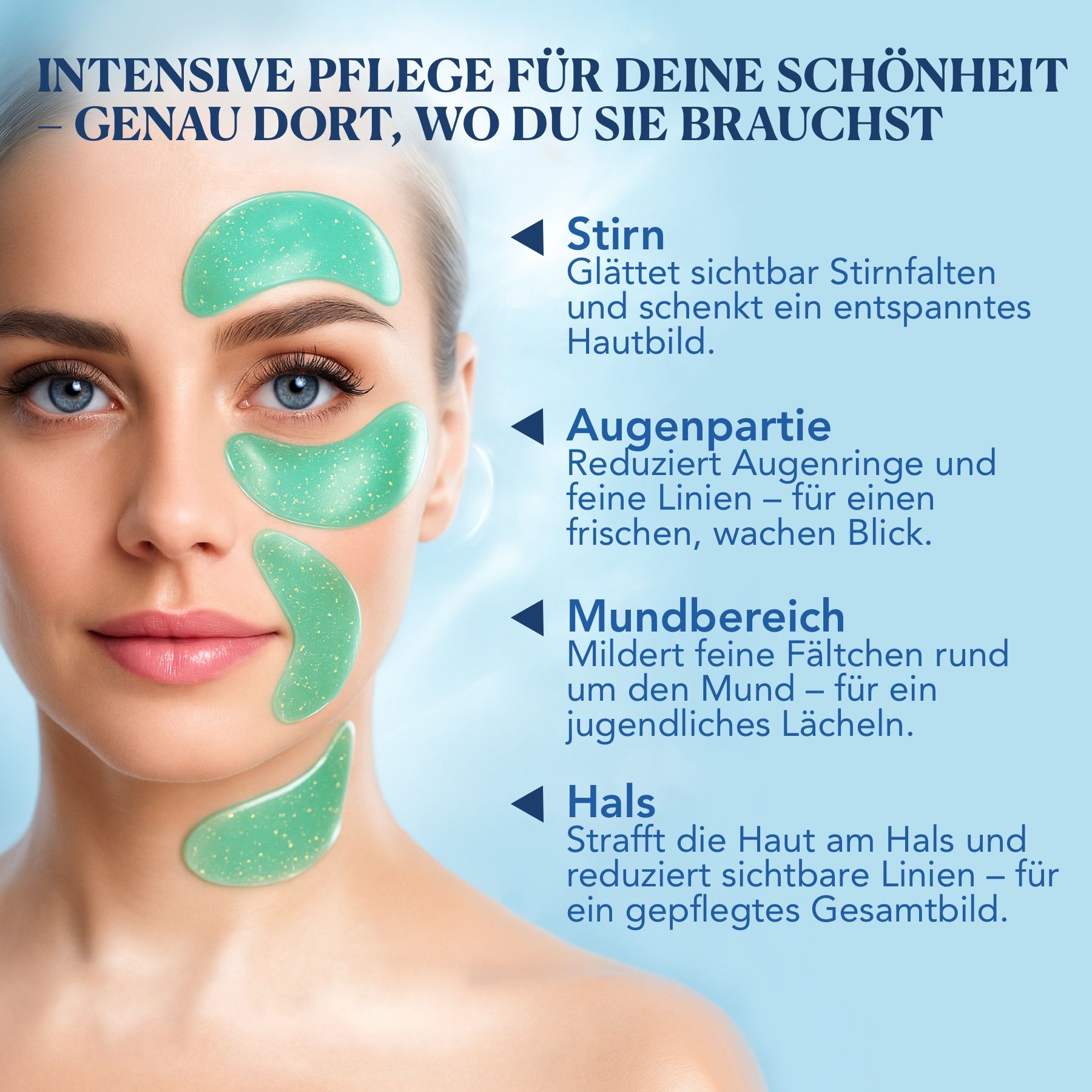 Eine Frau mit grünen Augenpads. Text: INTENSIVE PFLEGE FÜR DEINE SCHÖNHEIT - GENAU DORT, WO DU SIE BRAUCHST. Bereiche: Stirn, Augenpartie, Mundbereich, Hals.