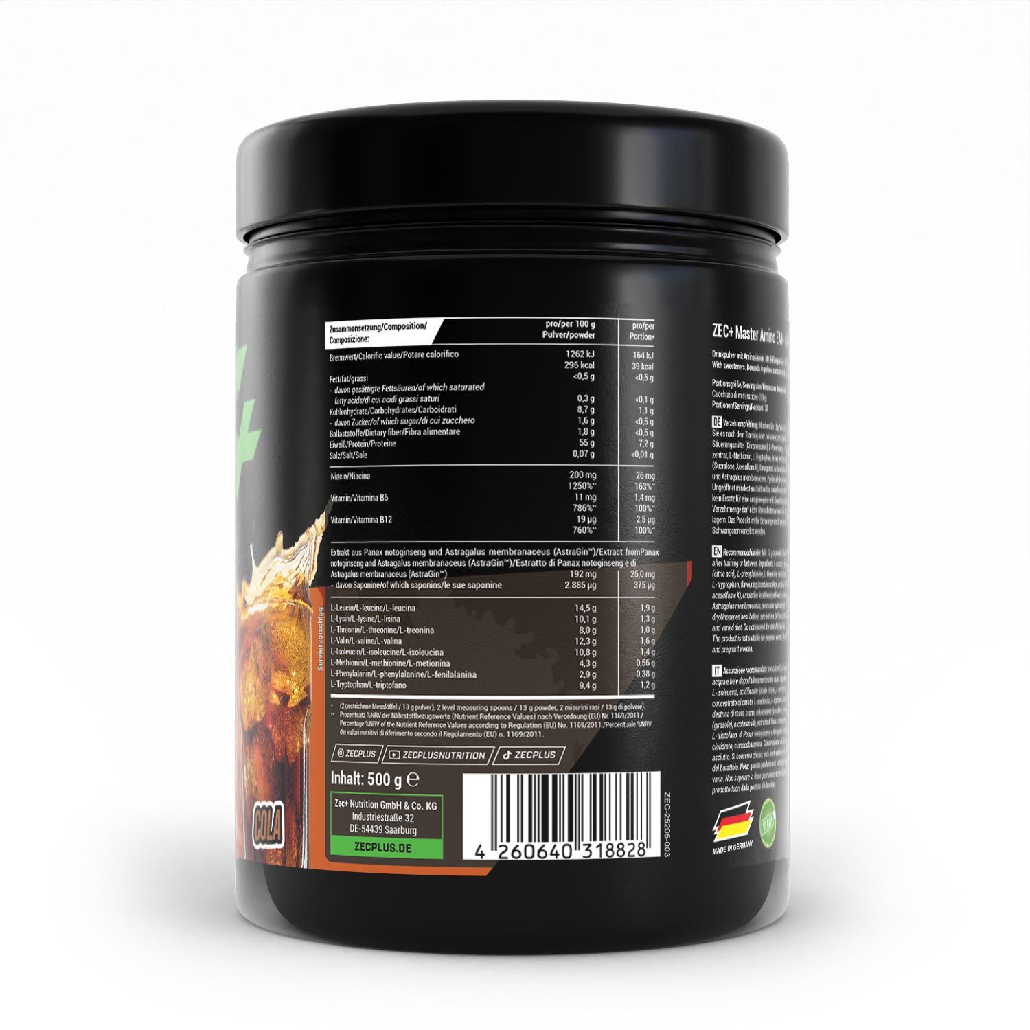 Schwarze Dose, Rückseite mit Nährwertangaben und Zutatenliste. 500 g Inhalt. Mit deutschem Flaggen-Symbol.