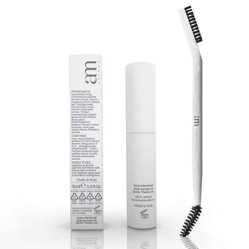 Kit sopracciglia AM Animae bianco. Include gel, spazzola e confezione. Tubo di gel da 10 ml. Spazzola con setole. Confezione con testo.