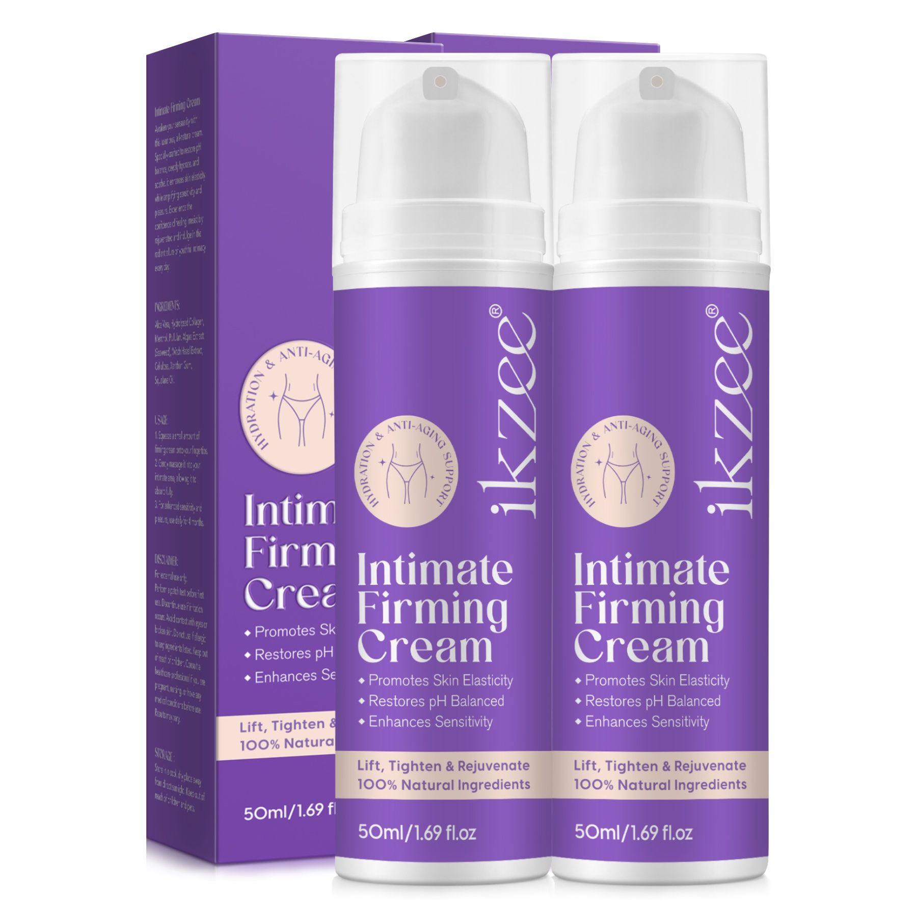 Zwei Flaschen Intim Firming Cream, lila Etikett, weißer Spender. Aufschrift: ikzee, Intimate Firming Cream. 50ml/1.69 fl oz.