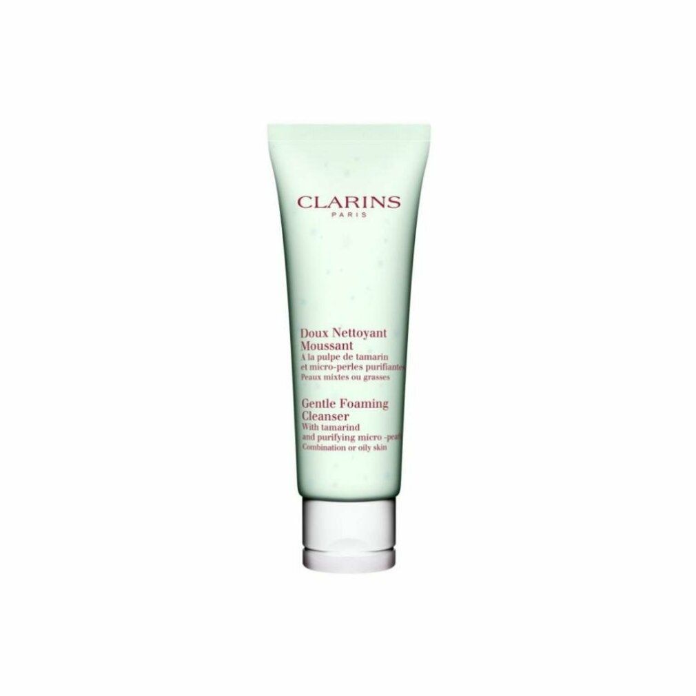 Grüne Tube mit Produkttext. Marke Clarins. Aufschrift: Gentle Foaming Cleanser. Mit Tamarinde und reinigenden Mikro-Perlen. Für Mischhaut.