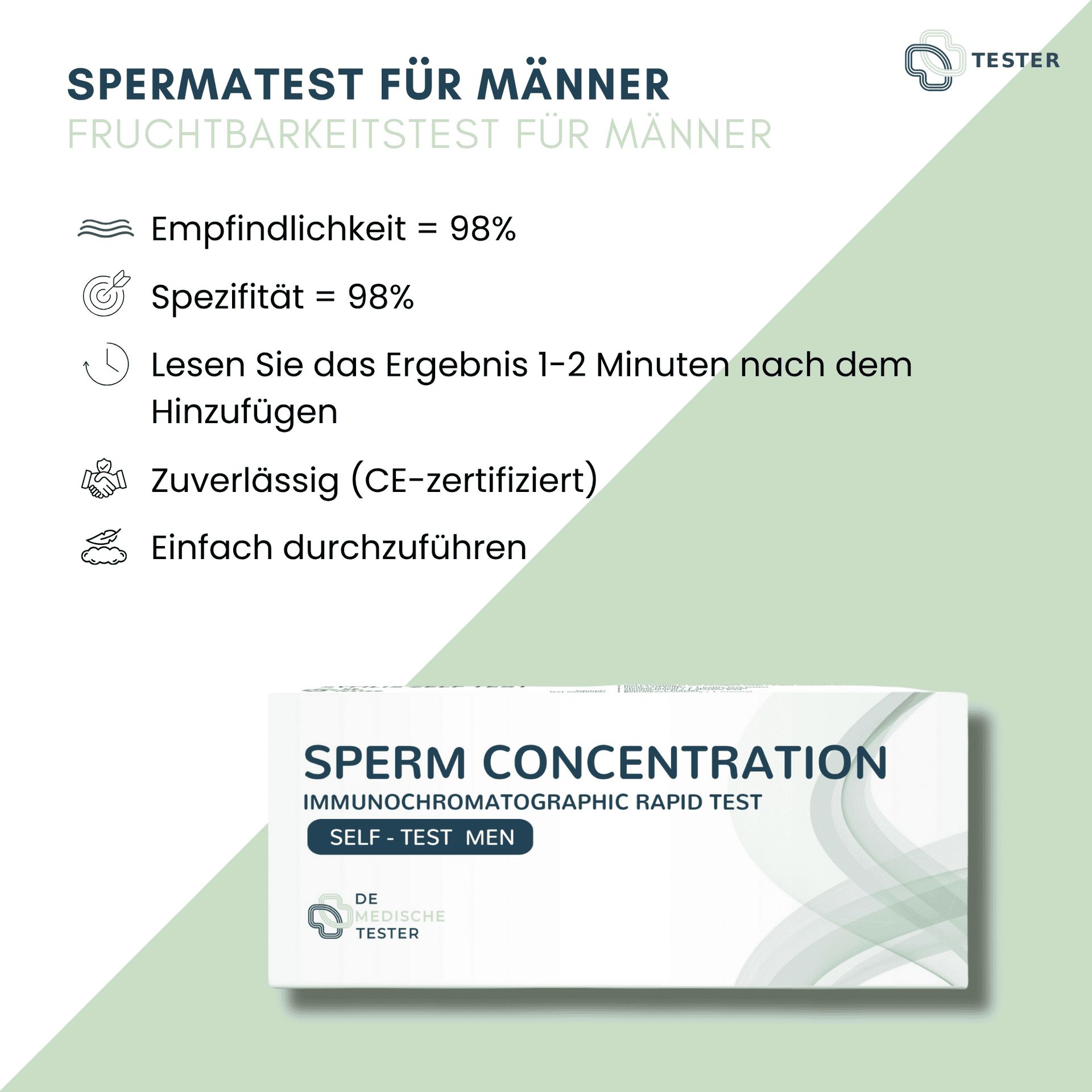 Informationen zum Spermatest für Männer: Empfindlichkeit, Spezifität, Lesezeit, Zuverlässigkeit (CE-zertifiziert), einfache Durchführung.