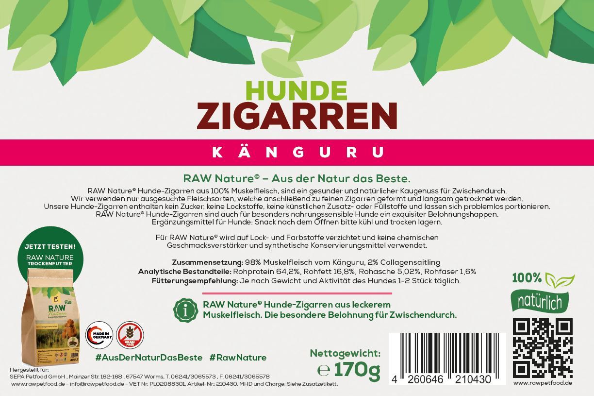 RAW Nature Hundesnack, Känguru Hunde-Zigarren, Dörrfleisch Kausnack
