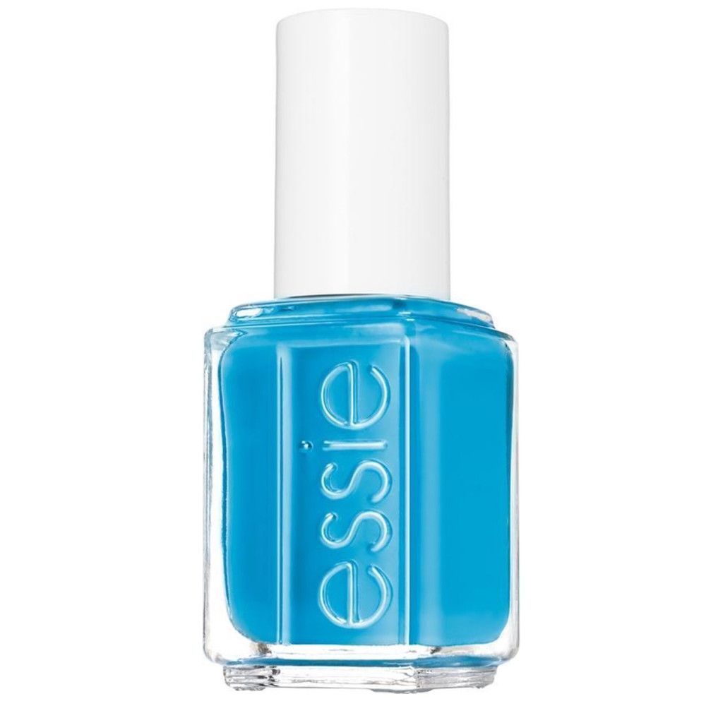 Türkisfarbener Essie-Nagellack in einer transparenten Flasche mit weißem Deckel.
